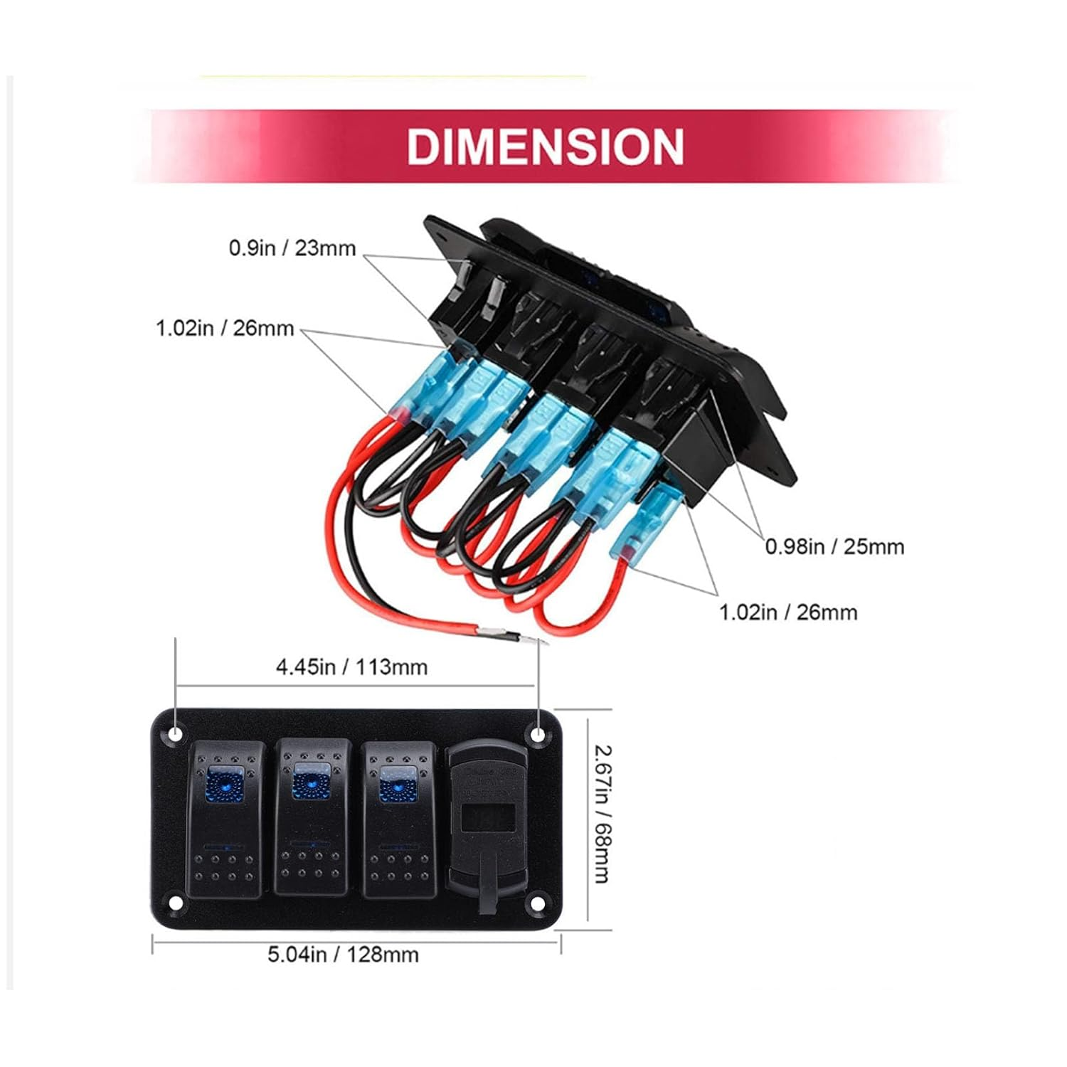 3 Gang Multi-Function Rocker Switch Box, Dual USB + Digital Volmeter, 12V 24V 5 Pin On/Off Pre-Wired Rocker Switch Panel for RV Car Boat Truck Trailer (Blue Light) image number 6