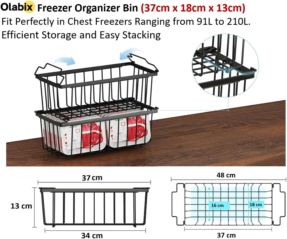 OLABIX Freezer Organiser Bins with Side Handles (37X18X13Cm), Stackable Chest Metal Wire Storage Basket Deep Freezer Organizer Sort Frozen Meats, Vegetables, Foods for Kitchen & Pantry (4-Pack) image number 2