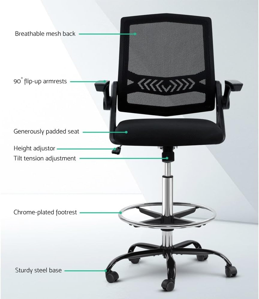 Artiss Ergonomic Office Chair Mesh Computer Desk Chairs Veer Drafting Stool with Height Adjustable Seat, High Back and 360&deg;-Swivel Seating Black for Gaming Room Executive Home image number 3