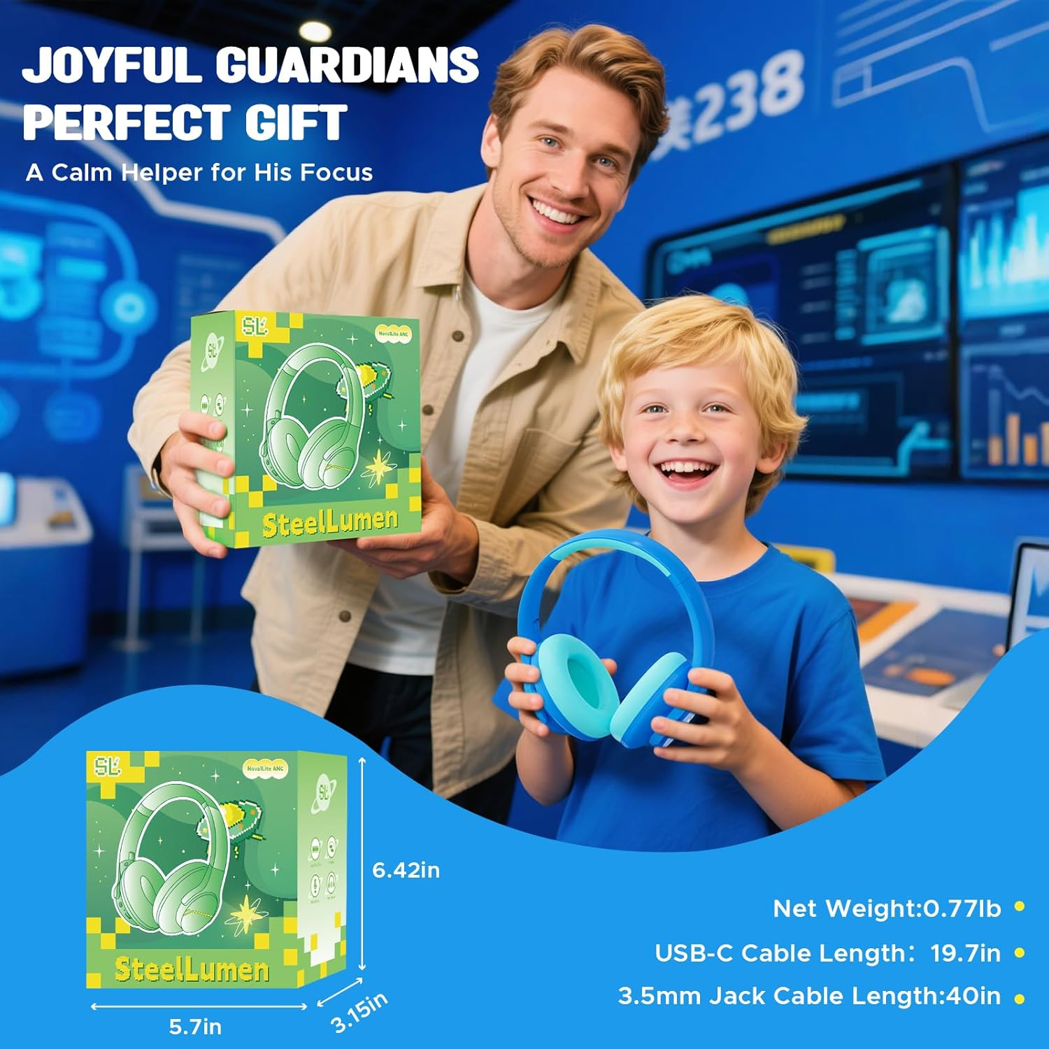 Steellumen Nova1Lite Kids Wireless Active Noise Cancelling Headphones, Bluetooth 5.3, Safe Volume 74/85/94Db, Real 40H Battery, Type-C Fast Charging, Built-In Mic for School Travel Airplane, Blue image number 3