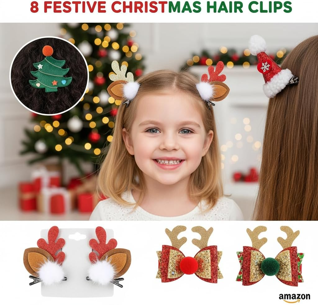 Nbjiuyin 8Pcs Christmas Hair Clips Cute Decorative Cute Hair Accessories Antlers Headdress Hairpin Christmas Tree Hat Hair Bows for Girls Women Kids Gifts image number 3