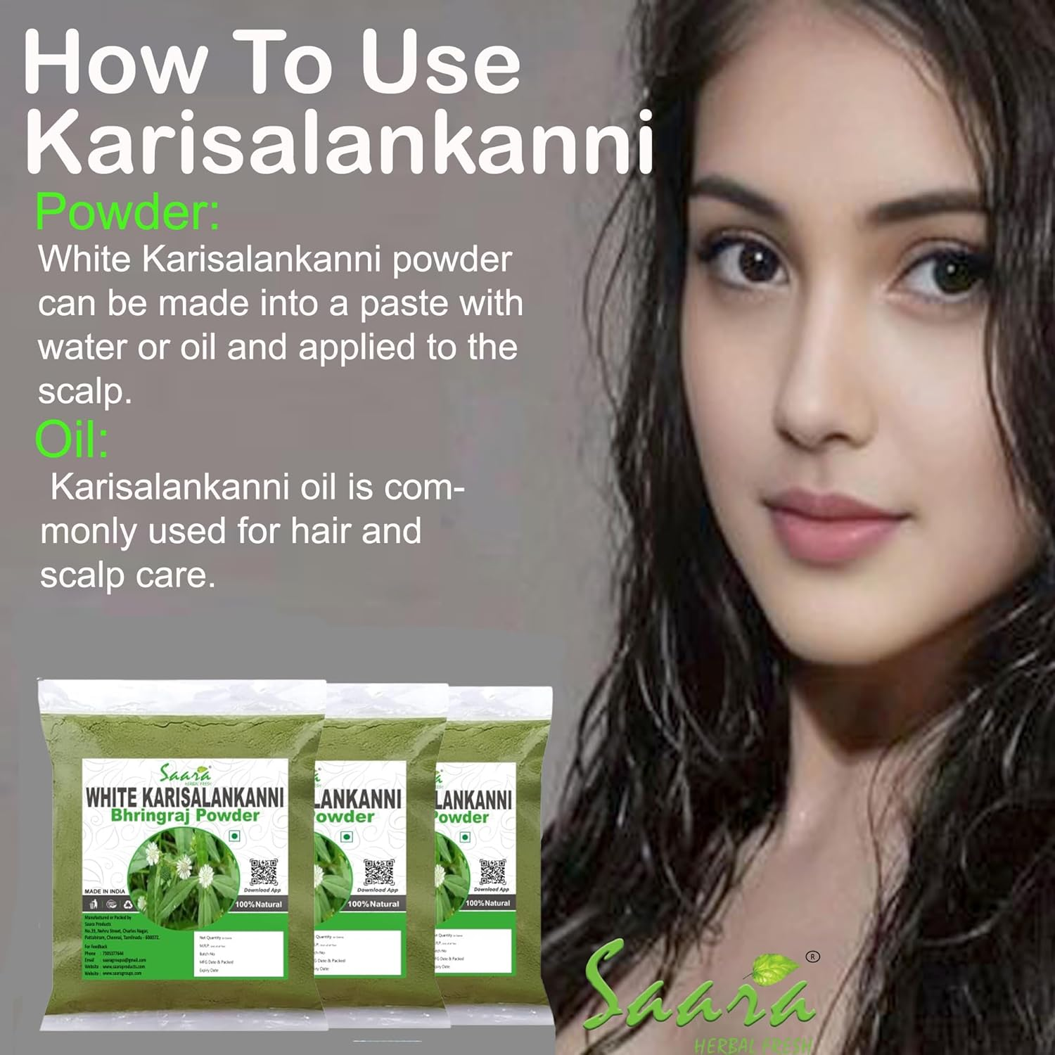 Saara HERBAL FRESH White Karisalankanni Powder, 100G, Bhringraj, Eclipta Prostrata, Gunta Kalagaraku, Kesaraja, Bhangra, for Hair Care (Pack of 1 X 100G) image number 2