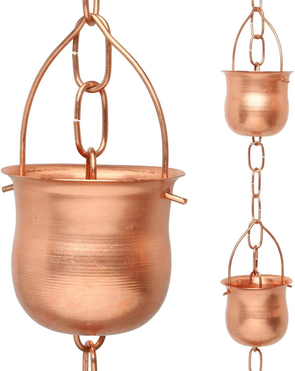 Copper Rain Chain - Decorative Chimes & Cups Replace Gutter Downspout & Divert Water Away from Home for Stunning Fountain Display - 8.5' Long for Universal Fit - Pot Style image number 1