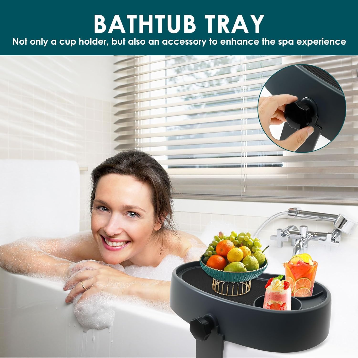 Hot Tub Table Tray with 2 Cup Holders Adjustable Aboveground Bathtub Tray Clamps to Side of Aboveground Bathtub with Wall Thickness of 2.4'' to 7.5'' image number 6