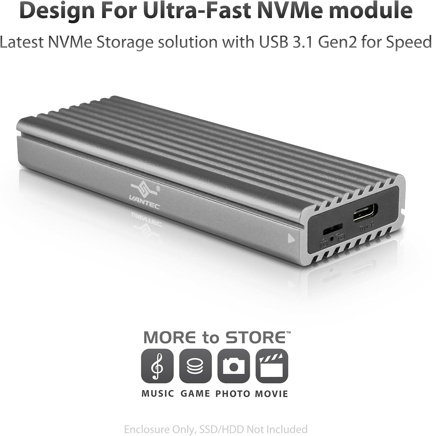 Vantec M.2 Nvme SSD to USB 3.1 Gen 2 Type C Enclosure with C to C Cable, Space Gray Color, ID5 (NST-205C3-SG) image number 3