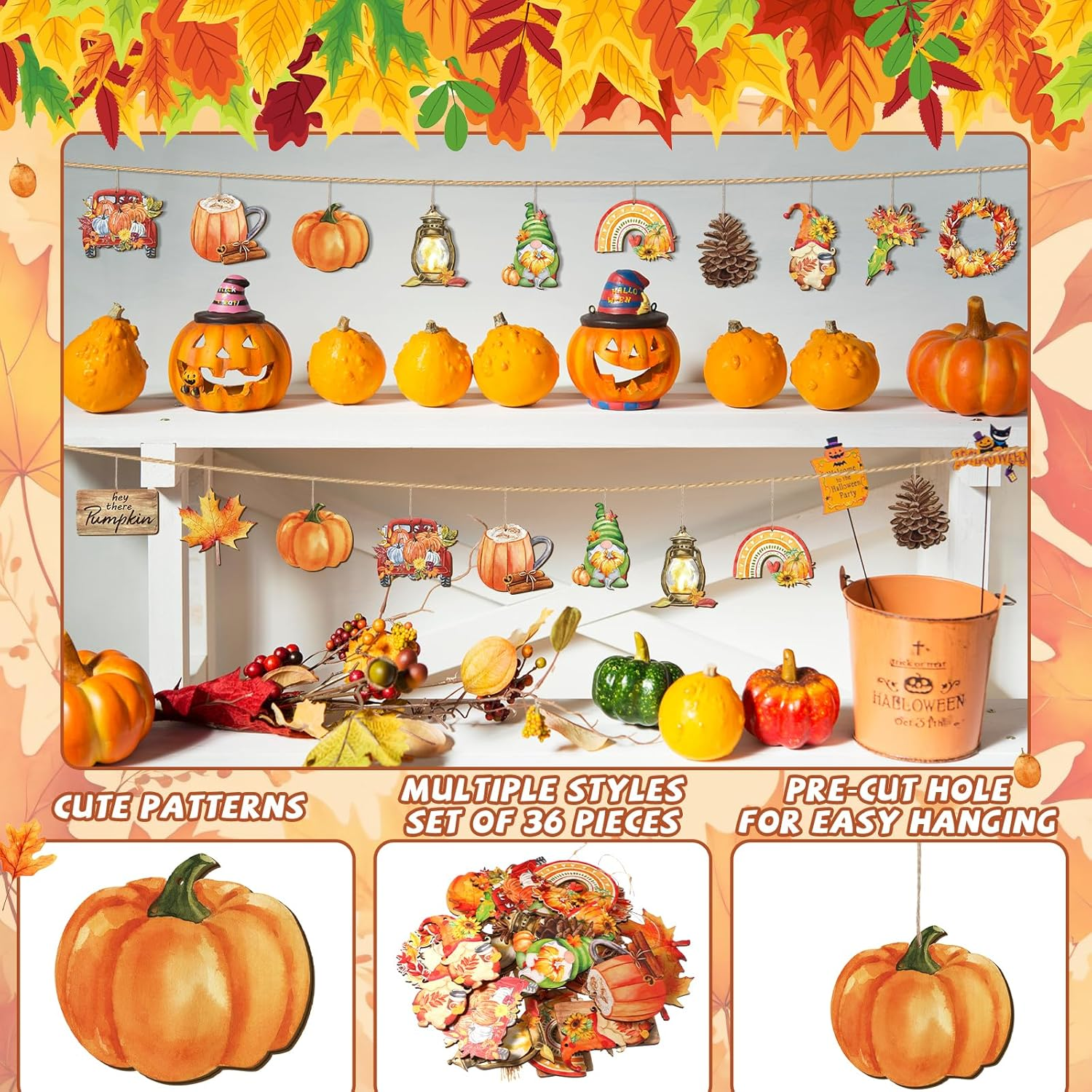36 Pcs Thanksgiving Tree Ornaments Fall Wooden Hangings Decorations Pumpkin Gnome Maple Leaf Decorative Hanging Ornaments Autumn Harvest Party Favor Gift Tag for Holiday(Fresh Style) image number 4