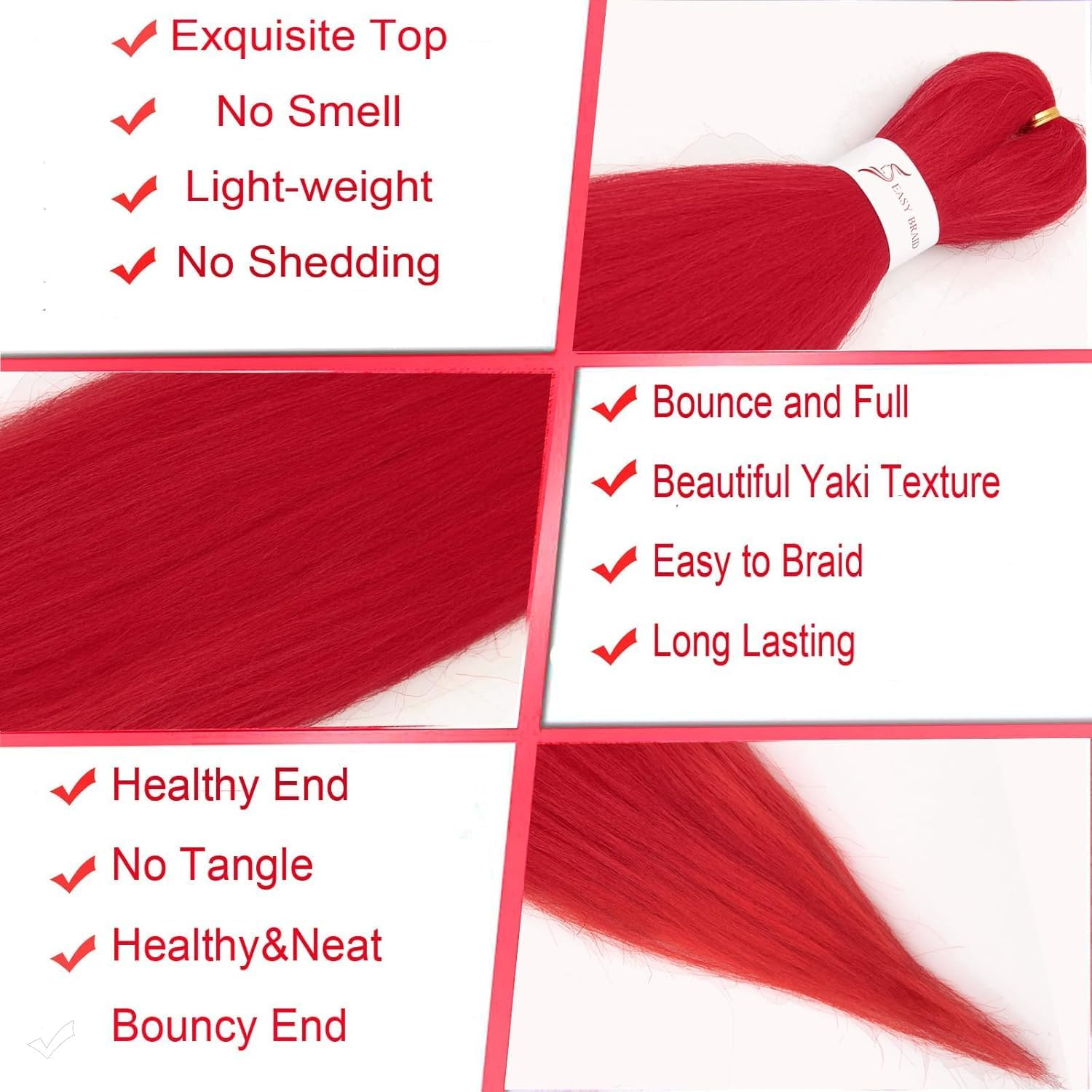 Long Red Braiding Hair, Pre Stretched Synthetic Braiding Hair Extensions for Braids, Hair Extensions for Stage Party Halloween Costume Cosplay (Red) - Red image number 3
