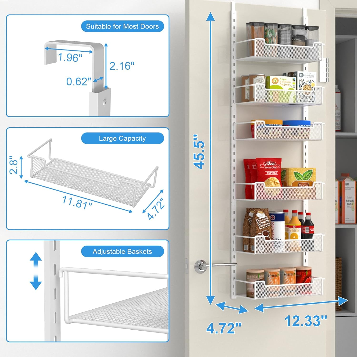 12.3" W Narrow over the Door Pantry Organizer, 6-Tier over the Door Organizer with Adjustable Basket, Pantry Door Organization for Pantry Kitchen Storage Room Spice Rack, White image number 2