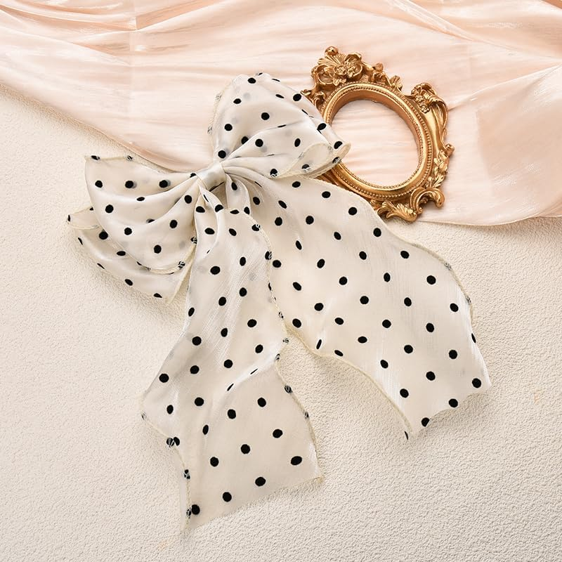 Hair Bow Clips for Women Girls French Barrette Hair Bows Polka Dot Hair Bow Tassel Ribbon Bowknot Hair Clips with Long Tail Vintage Hair Accessories for Women Mesh Bow Hair Clip image number 4