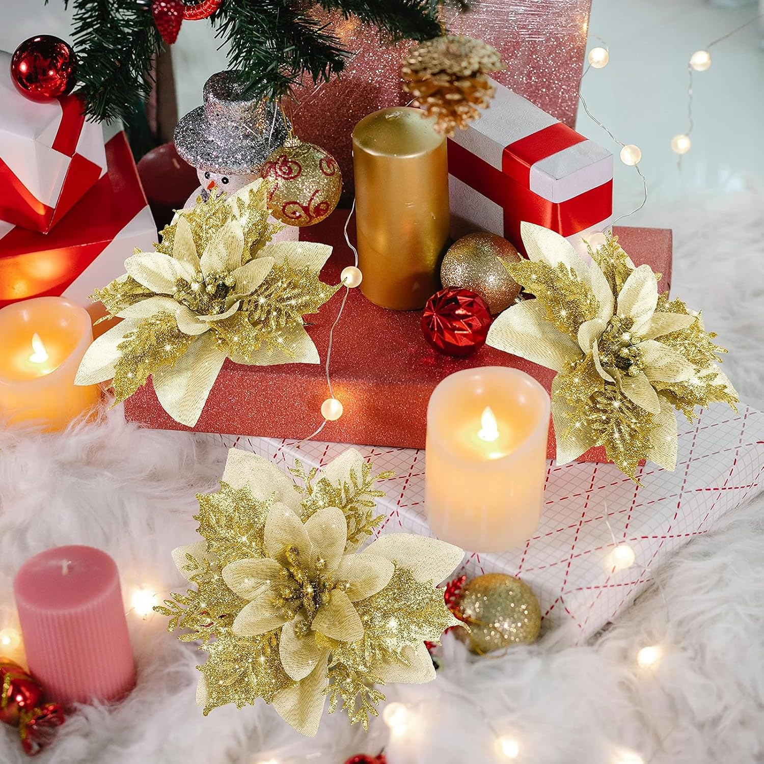 CQLITI 20PCS Artificial Poinsettia with Clips, 5M LED Light, Christmas Decor, Glitter Poinsettia, Red, Plastic, Flowers, Christmas Tree, Wreath, DIY, Xmas, Holiday, Home, Party Decor image number 6