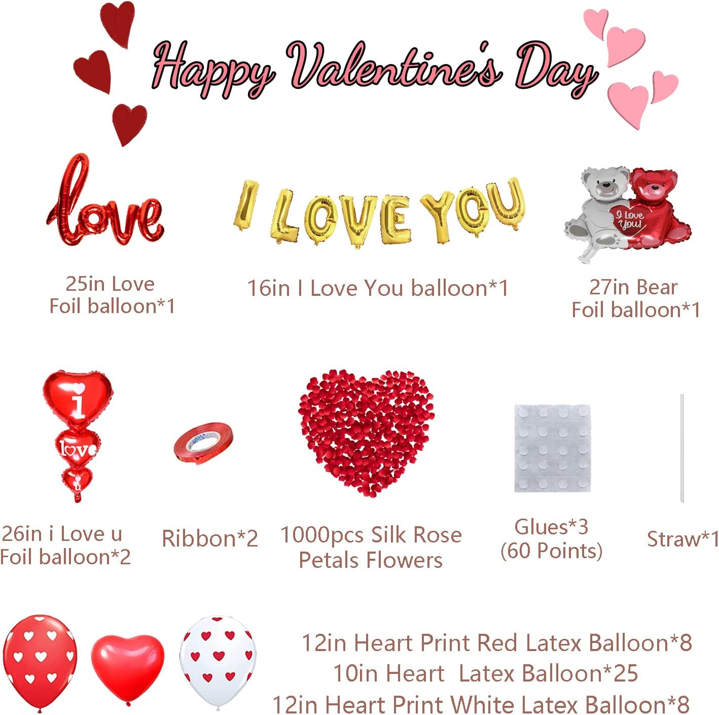I Love You Balloons Love Red Foil Balloons Happy Valentine'S Day Banner with 1000Pcs Red Silk Rose Petals Flower Decoration Love-Bear Heart Print Latex Balloons for Valentine Day Party Decorations image number 3