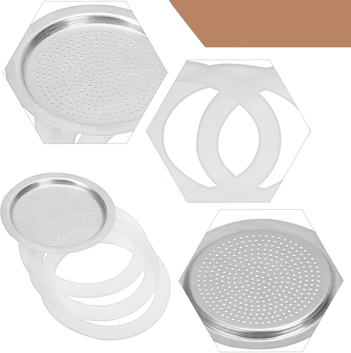 GALPADA Coffee Pot Silicone Sealing Gasket Set for 6-Cup Aluminum Stovetop Espresso Maker with Food-Grade Silicone Rings and Stainless Steel Filter, Replacement Parts for Home Brewing