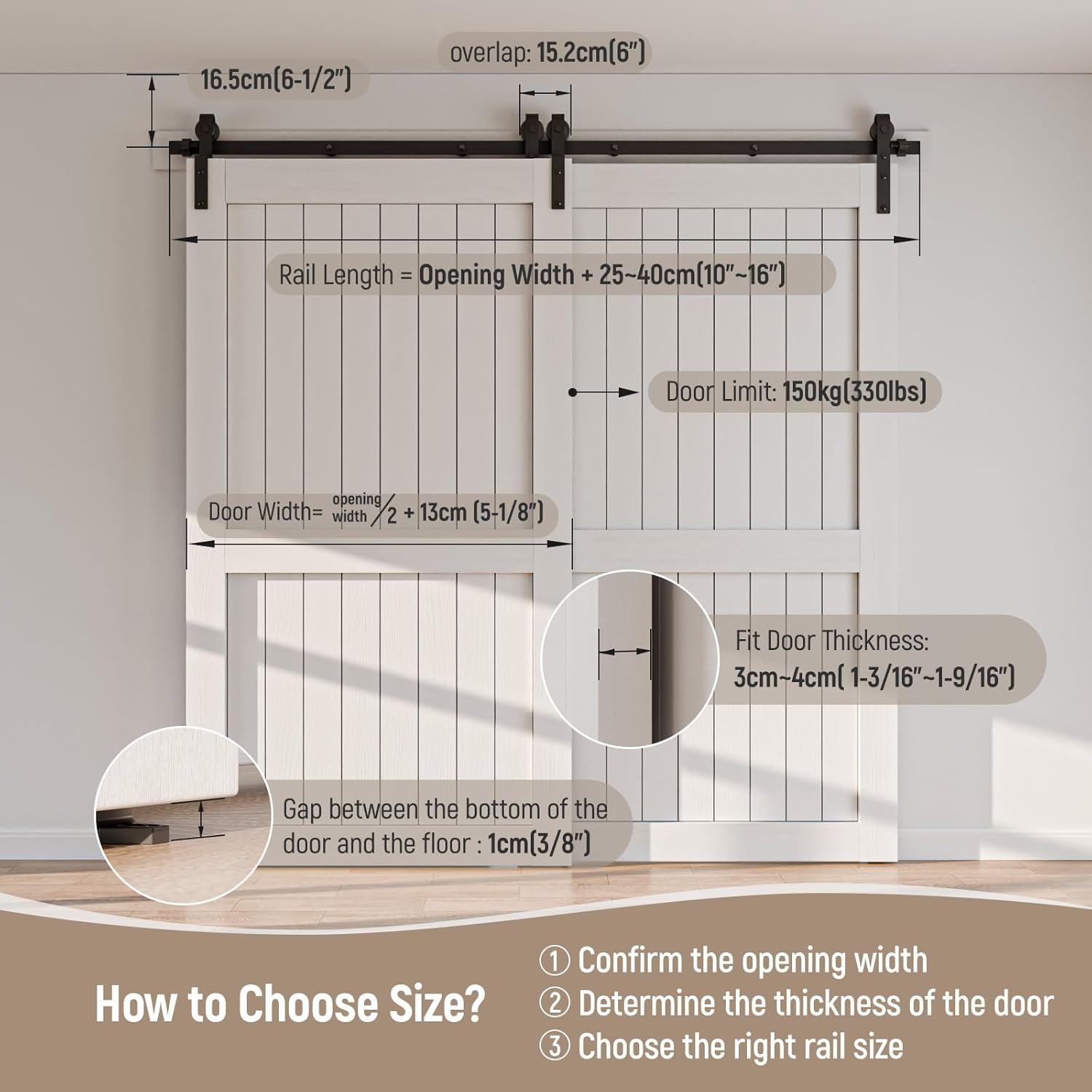 Sliding Door Hardware Bypass Double Door 173 Cm Sliding Door System Complete Set Walker Rail Wheels Set Black for 2 Wooden Doors 80 Cm Wide J Shape image number 2