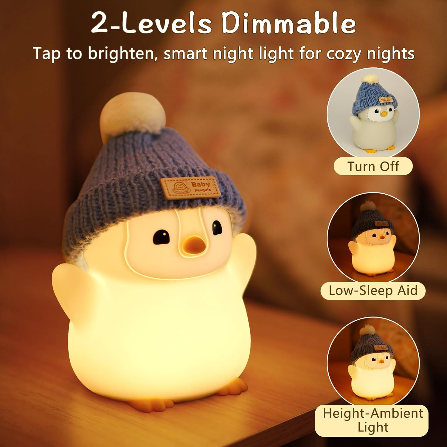 FAMIDUO Penguin Night Light for Kids, Adorable Penguin Lamp with Hat, Food Grade Silicone Nursery Nightlight, Rechargeable/Dimmable/Timer,Led Squishy Novelty Animal Bedside Lamp,Funny Gifts for Boys image number 3