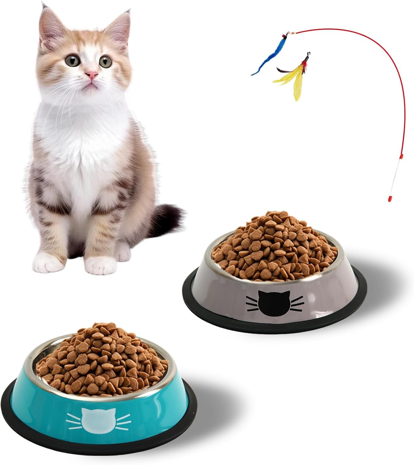 3Pcs Cat Bowls Stainless Steel, Small Pet Bowl, Shallow Wide Flat Cat Food Bowls,Anti Slip Cat Food Bowl Suitable for Indoor Small Cats and Small Dog Animals (Blue Green Gray)
