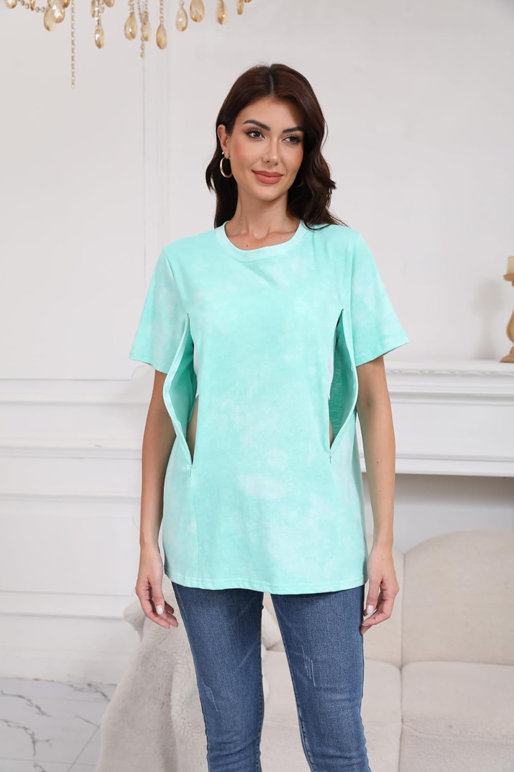 Women Maternity Zipper Tops Mama Zip Nursing Shirt for Breastfeeding Comfort Tie Dye Pregnancy Clothes Postpartum Tee image number 4