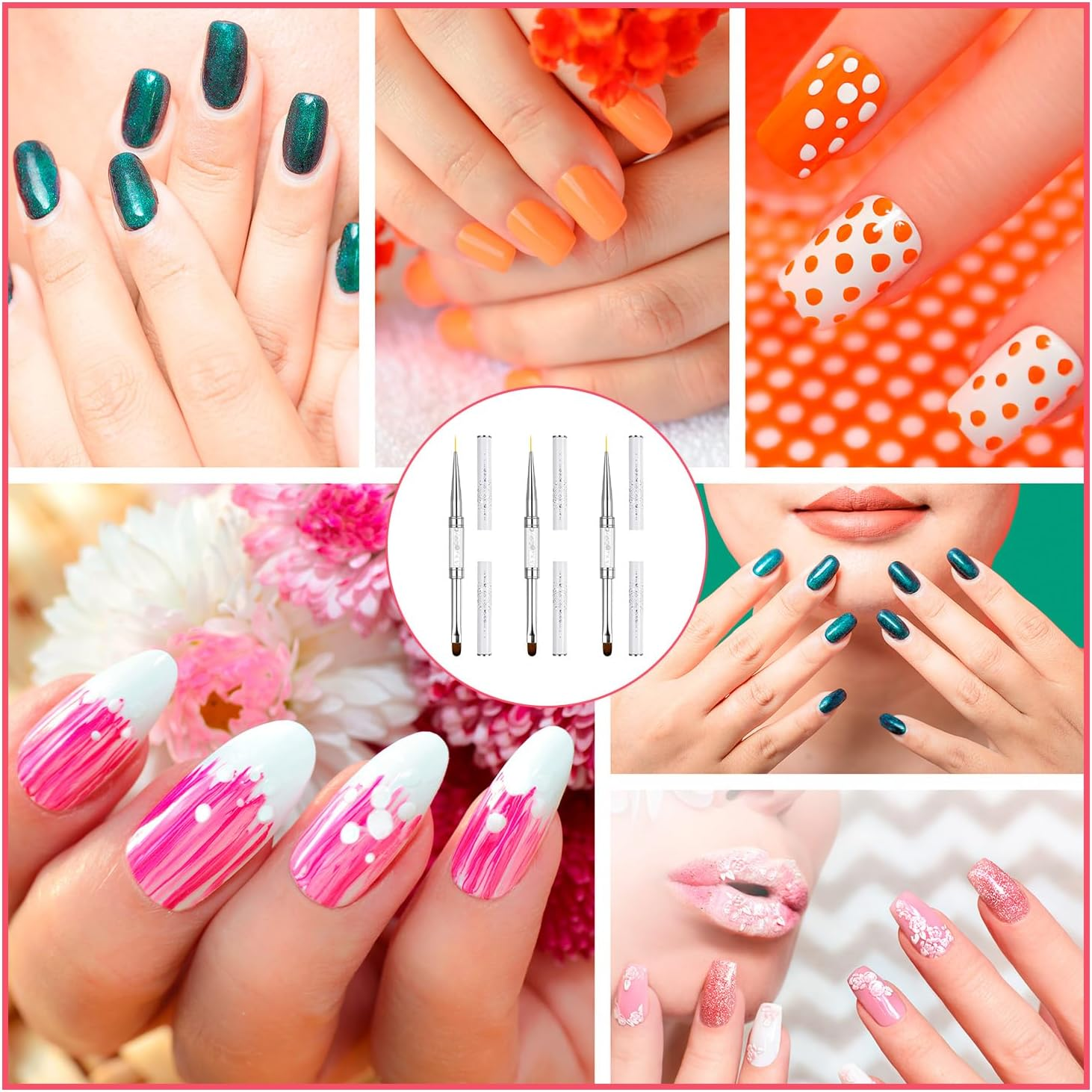 LXUEJIE 3 Pcs Double Ended French Tip Brush Hard Gel, Nail Builder Gel Brush, Liner for Design Nail Liner Brushes Rhinestone Handle French Tip Drawing Brushes for Design image number 6