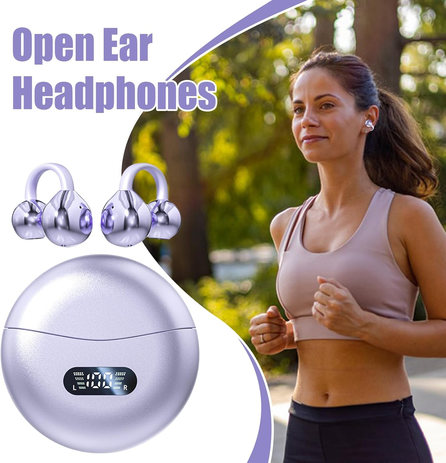 Open Earbuds - Open Ear Wireless Earbuds - Noise Cancelling Led Display Comfortable Waterproof Headset for Workout Running outside Sleep Working image number 2