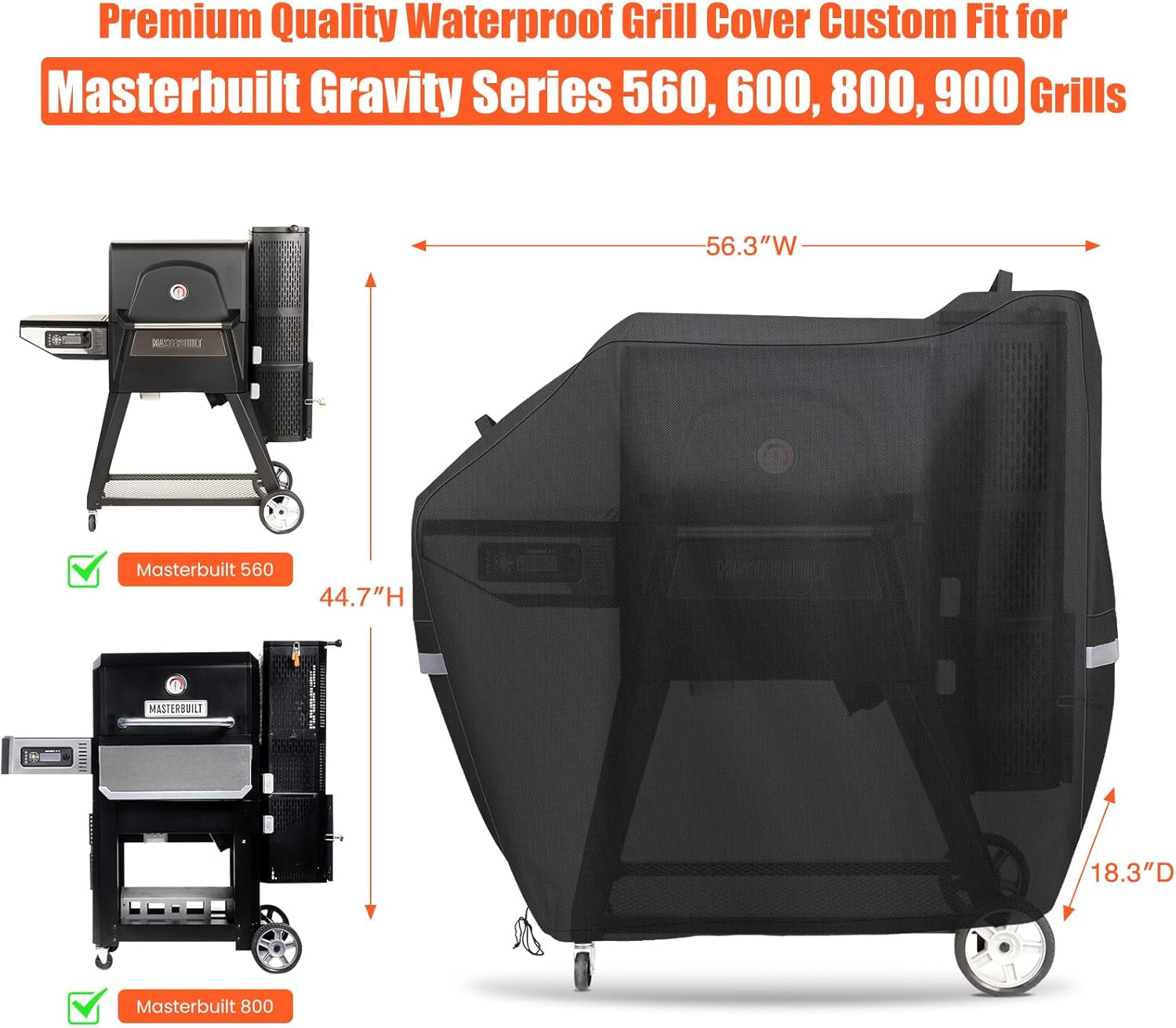 Qulimetal Smoker Cover for Masterbuilt Gravity Series 560, 800, 600, 900, Digital Charcoal Grill Cover, Compatible with MB20080220 & MB20040221, 600D Waterproof Material, Black