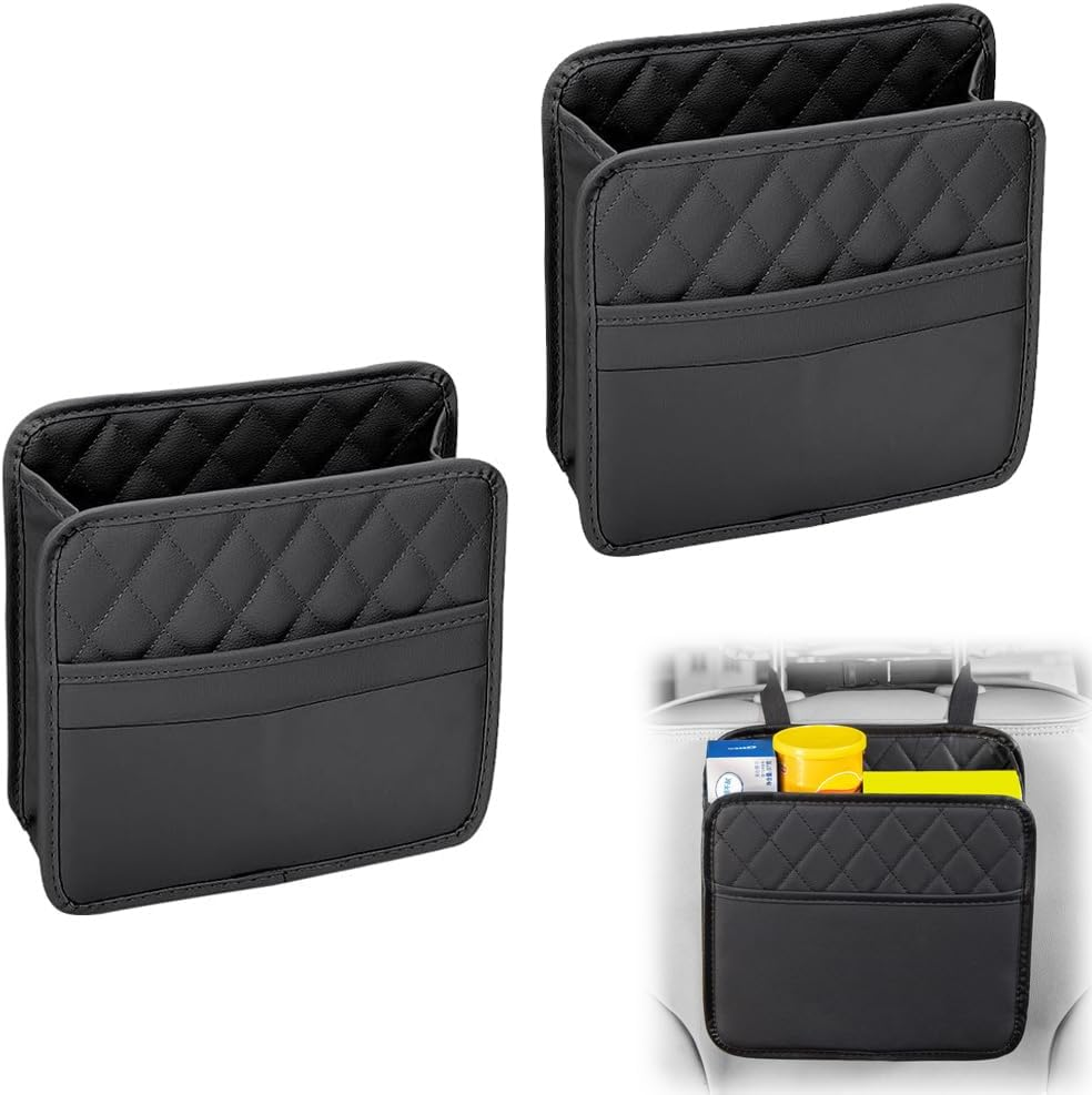 IONPSHG Upgrade Car Seat Hanging Bag (2Pcs)-Waterproof PU Leather Foldable Car Organizer with Cup Holders,Multi-Purpose Backseat Storage Pockets for Travel Accessories,Black image number 5