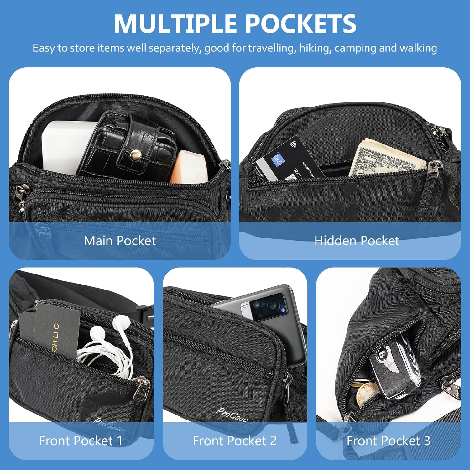 Procase Fanny Pack Waist Packs for Men Women, Large Capacity Waist Bag Hip Pack for Travel Hiking Running Outdoor Sports