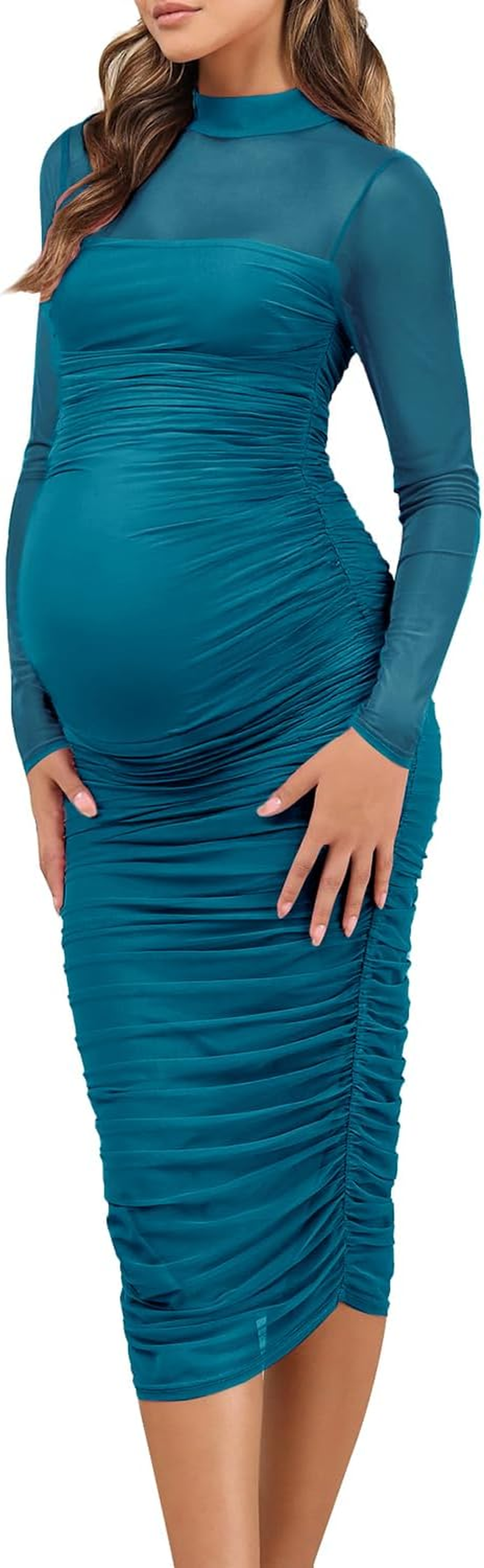 Dedysler Maternity Mesh Bodycon Dress for Wedding Guest Sexy Mock Neck Baby Shower Long Sleeve Pregnancy Clothes with Zipper