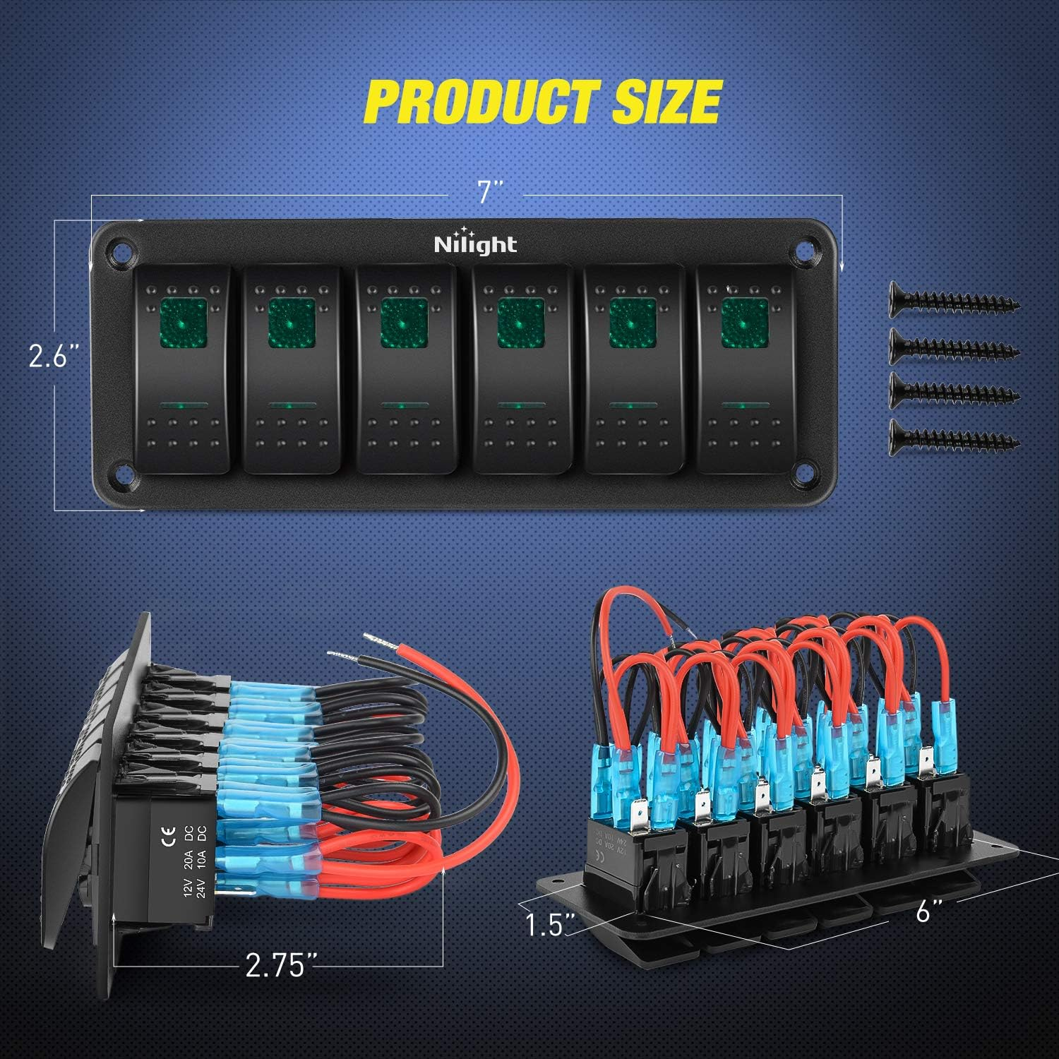 Nilight 6 Gang Rocker Switch Panel 5Pin on off Toggle Switch Aluminum Holder 12V 24V Dash Pre-Wired Green Backlit Switches for Automotive Cars Marine Boats Rvs Truck image number 4