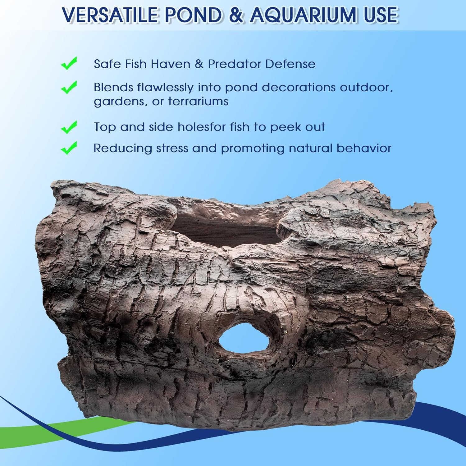 Realistic Faux Log Fish Cave - Predator Protection Shelter, Fish Hide & Aquarium Cave for Koi Pond Decor All-Weather Durable Pond Decorations for Ponds, Aquariums and Terrariums
