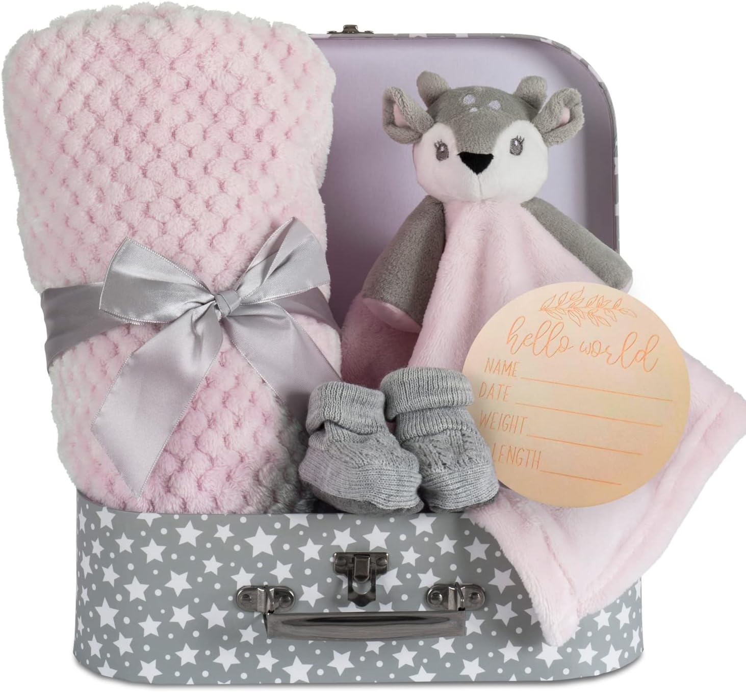 Hoolaroo Baby Blanket New Baby Girl Gifts Newborn Box Fleece Blanket, Pink Deer Fawn Comforter, Knit Booties, Hamper Suitcase Pink Gifts Present Girls - Blue Elephant image number 6