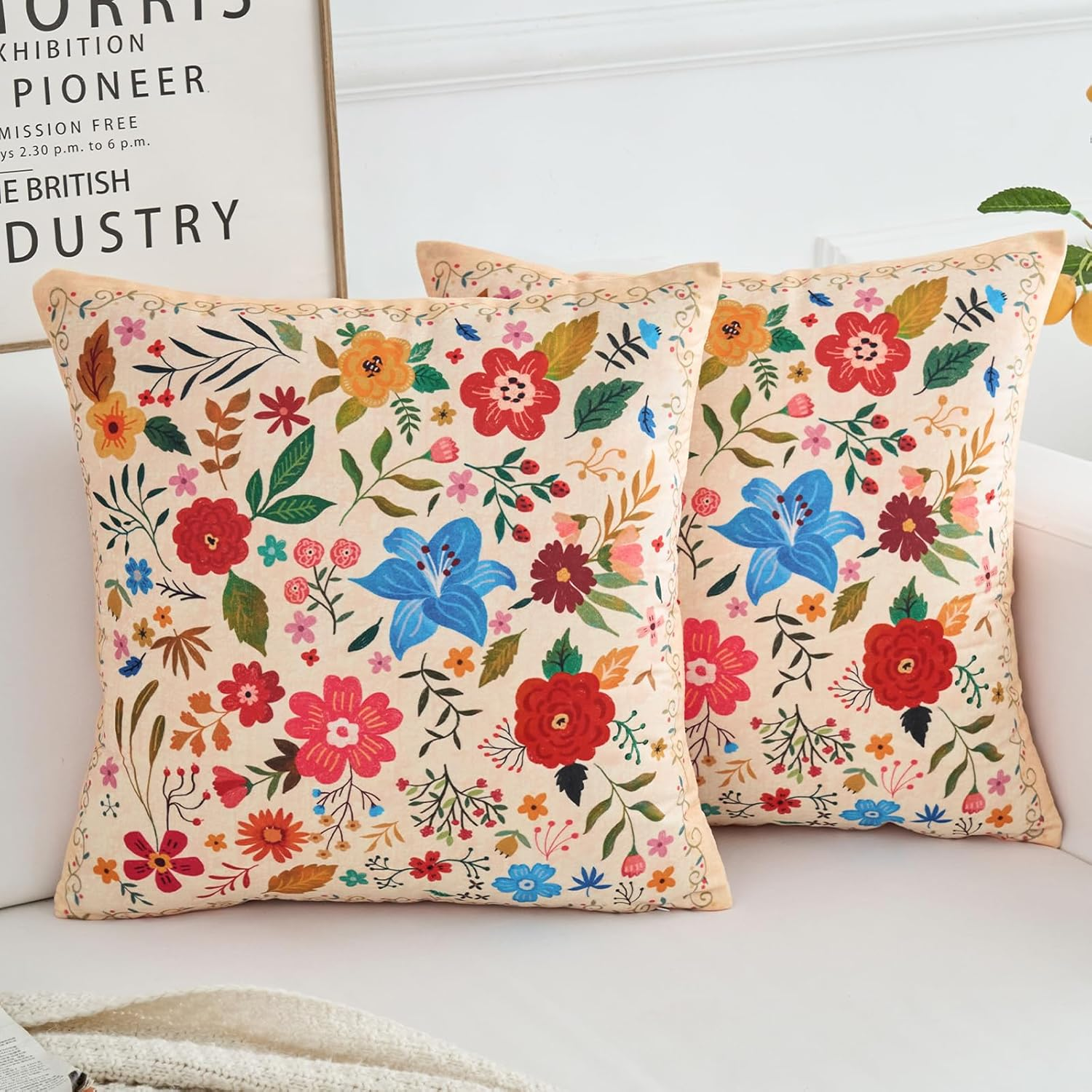 EDTOY Floral Pillow Covers 16X16 Set of 2,Beige Farmhouse Floral Pillow Covers Decorative Double Sided Pattern Cushion Cover Soft Pillow Case for Living Sofa Room Bed Porch Patio Square Pillow Cover