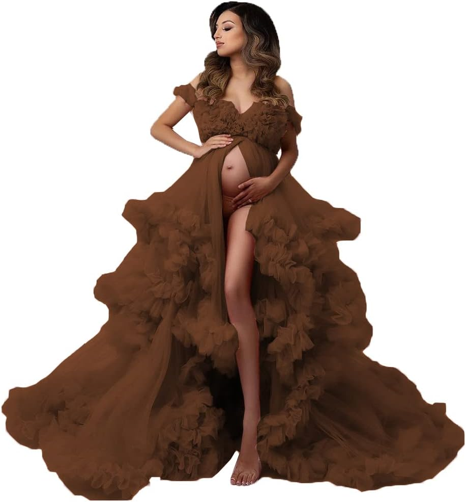 Qqcute Tulle Robe Maternity Dress for Photoshoot Fluffy Ruffle Bridal Lingerie Bathgown Pregnancy Gown Baby Shower Sleepwear