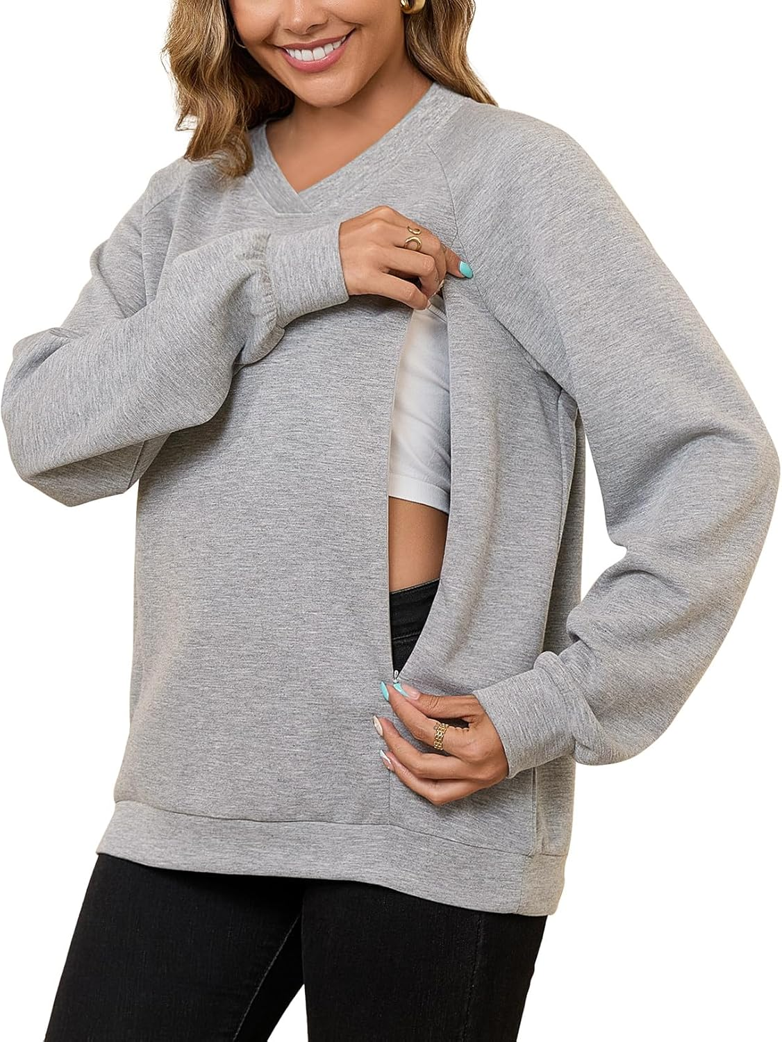 Bhome Nursing Sweatshirt Long Sleeve V Neck Breastfeeding Shirts Zipper Maternity Pumping Tops Pregnancy Sweater Pullover