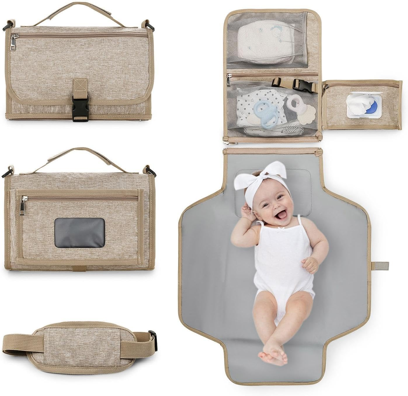 Portable Changing Mat for Children - Portable Nappy Changing Mat, Waterproof Changing Station | Removable Bag for Wet Wipes, Foldable Changing Mat for Children, Foldable Changing Station, B.Khaki image number 6