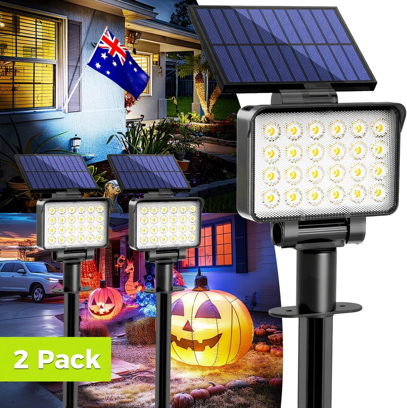 Solar Spot Lights Outdoor Waterproof for Flag, Tree, House, Garden, Yard, Landscape Spotlights for Accent Uplighting Halloween Christmas Decorations-Cold White