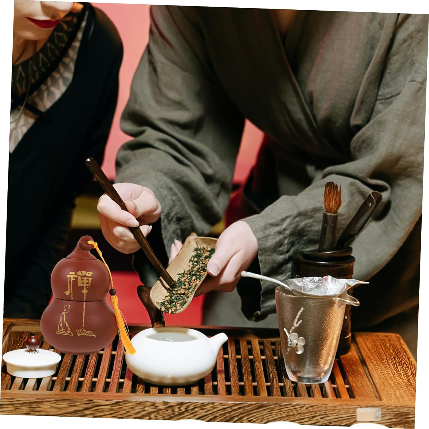 COLLBATH Ceramic Tea Storage Jar Vintage Double Gourd Design for Loose Leaf Tea Moisture Canister Functional Home Organizer image number 3