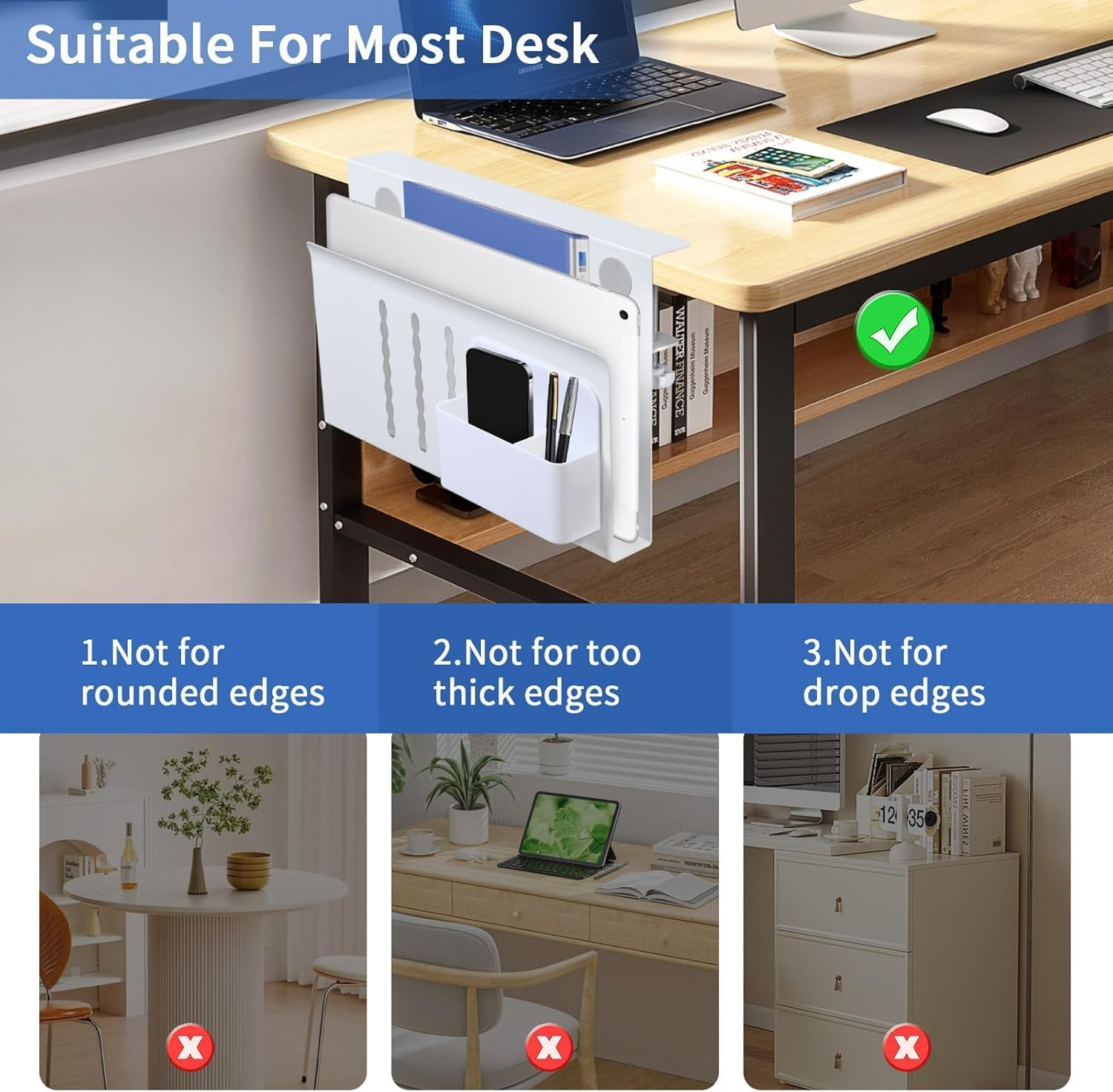 Desk Side Storage,Under Desk Laptop Holder Organiser, No Drill Cable Management Tray with Pen Storage for Office and Home, under Steel Hanging Storage Tray (White) image number 6