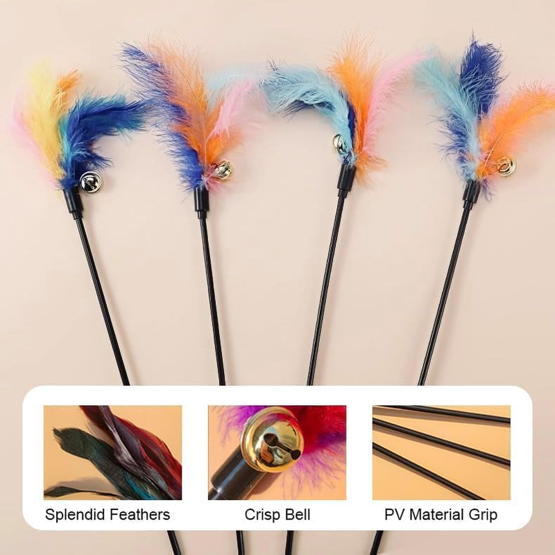 5 Pcs 20" Long Cat Feather Teaser Stick with Rattle Bell, Interactive Wand Toy for Cats and Kittens image number 2