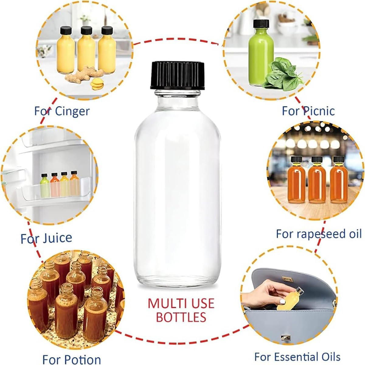 12 Pcs Small Glass Bottles with Lids,2Oz Clear Glass Containers with 3 Funnels,Brushes & Labels, Boston round Sample Bottles for Ginger Shots, Juice, Potion, Liquids, Whiskey image number 6