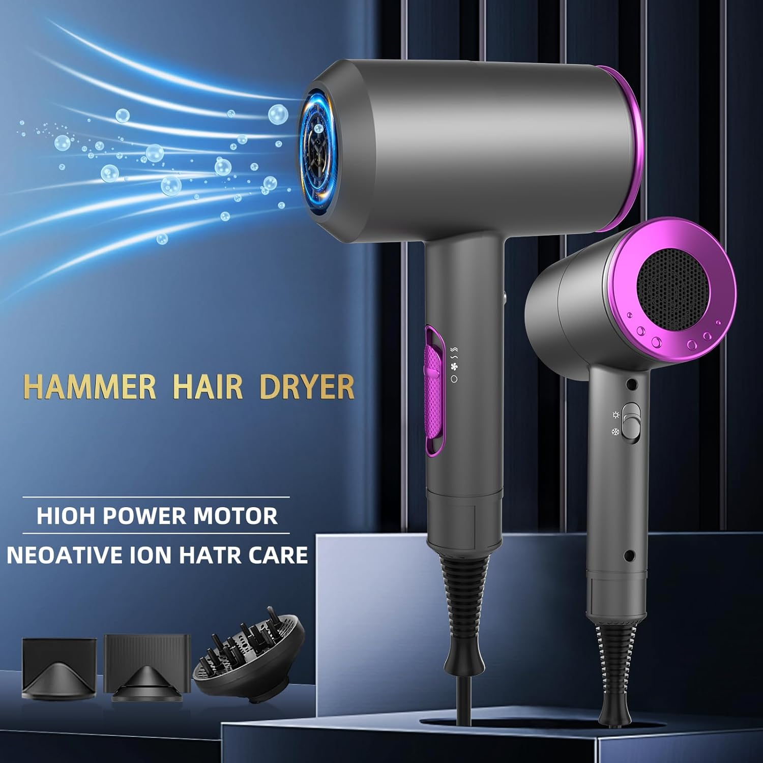 Xcjump Hair Dryer with Diffuser, 2000W Professional Ionic Hair Dryer, Heating Hot and Cold Air, Constant Temperature Hair Care, for Home, Travel, Salon Use (Purple)