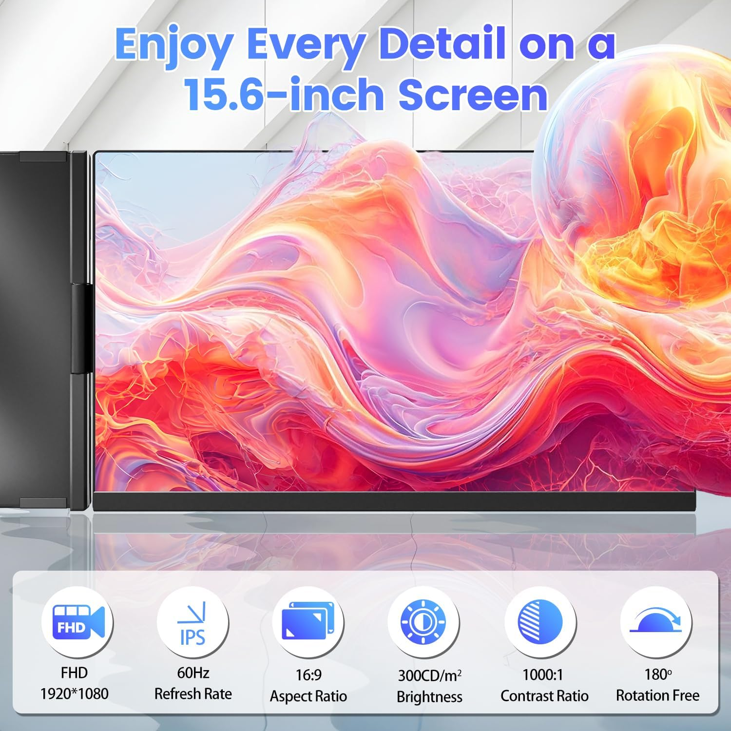 Teamgee 15.6" Laptop Screen Extender, Slim & Lightweight Portable Monitor for Laptop, Full HD IPS, 360&deg; Rotating Stand, Detachable, USB-C Plug & Play, RGB Lighting, Thin Bezels image number 4