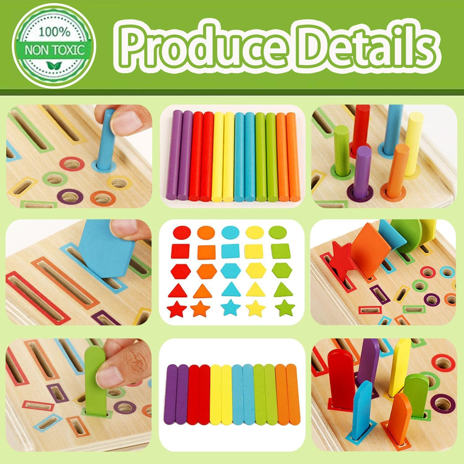 TUNJEJINY Montessori Toys for Toddlers,Wooden Coin Box Color Sorting Toy, 3-In-1 Educational Fine Motor Sensory Matching Games for Girl Boy Child Gifts (Round Stick+Ice Cream Stick+Shape) image number 2