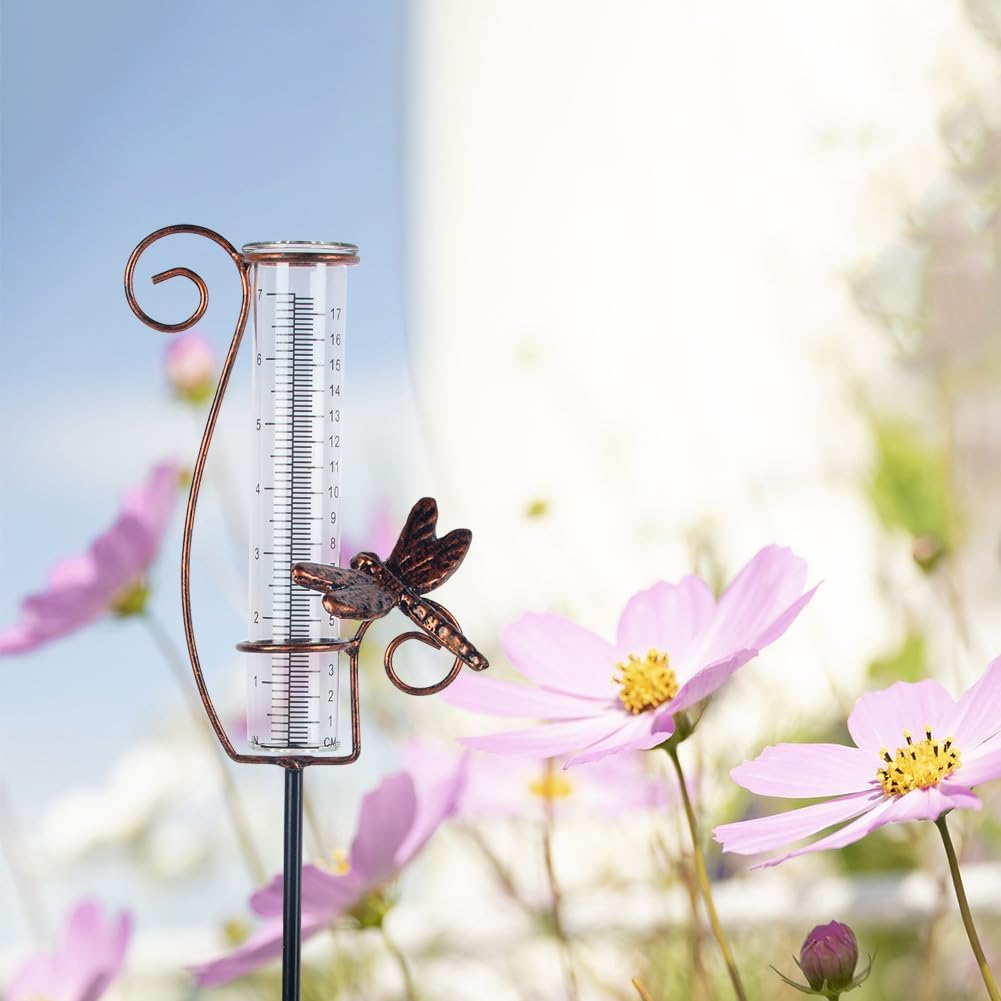 HOBYLUBY Dragonfly Rain Gauge Outdoor, 7 Inch Metal Rain Gauges for Measuring Precipitation, Patio, Garden Yard Decor