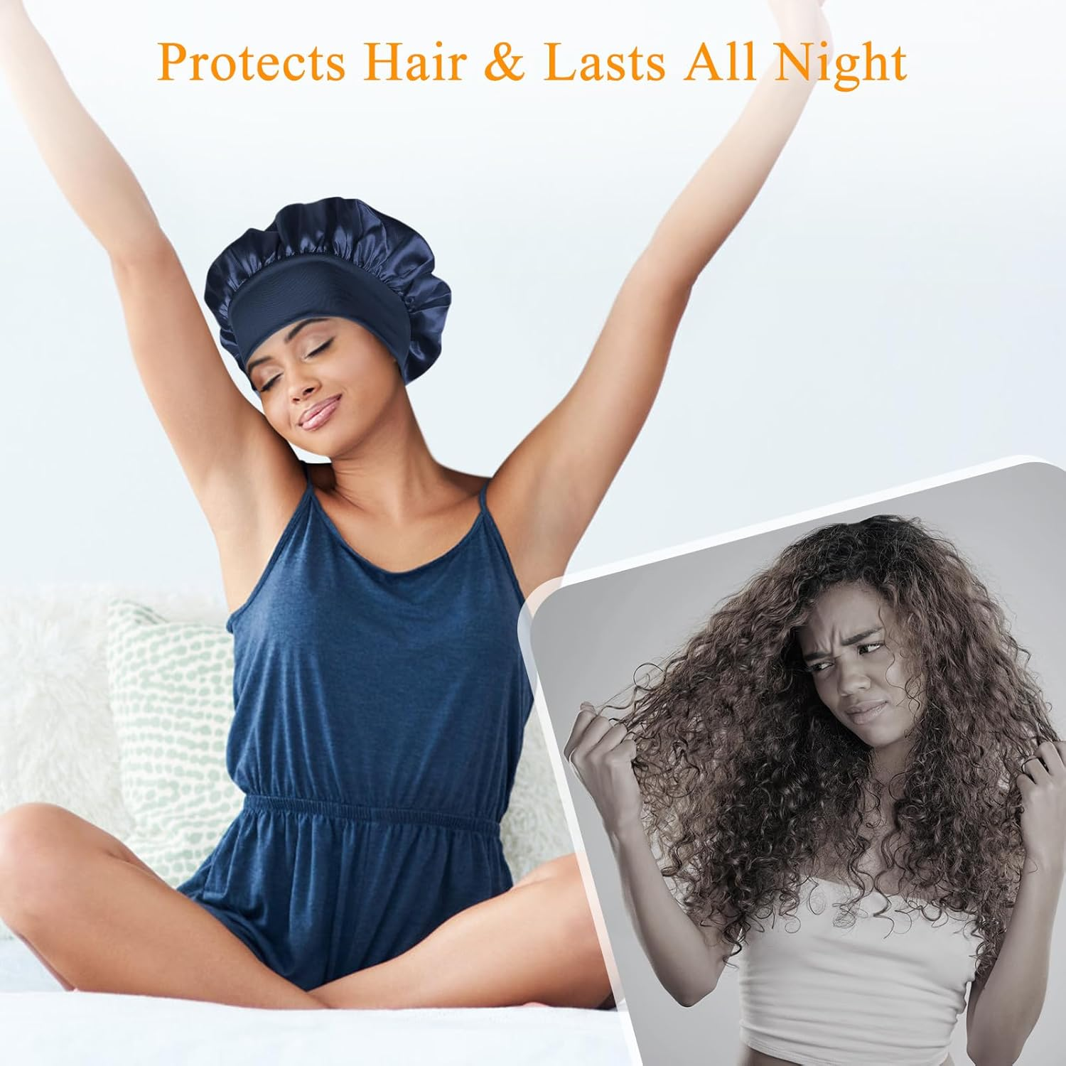 [2 Pcs]Satin Bonnet Silk Hair Bonnet with Wide Elastic Band, Hair Bonnet Silk Hair Wrap for Sleeping, Soft Head Cover Sleeping Hat Night Sleep Cap for Women Men Curly Hair - Black+Red image number 2