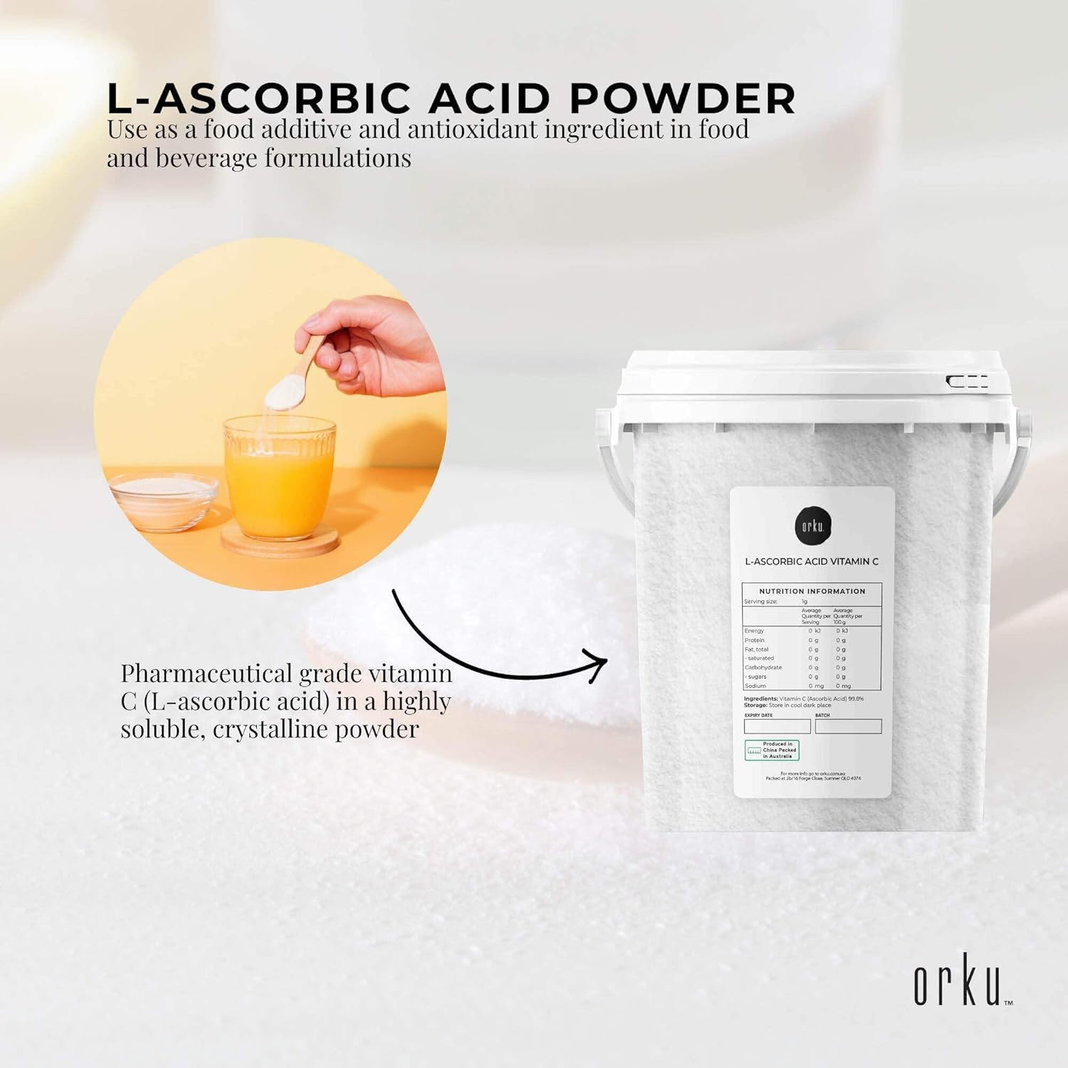 Orku 1.3Kg Vitamin C Powder in Tub Pure L-Ascorbic Acid - USP Grade Non-Gmo image number 5