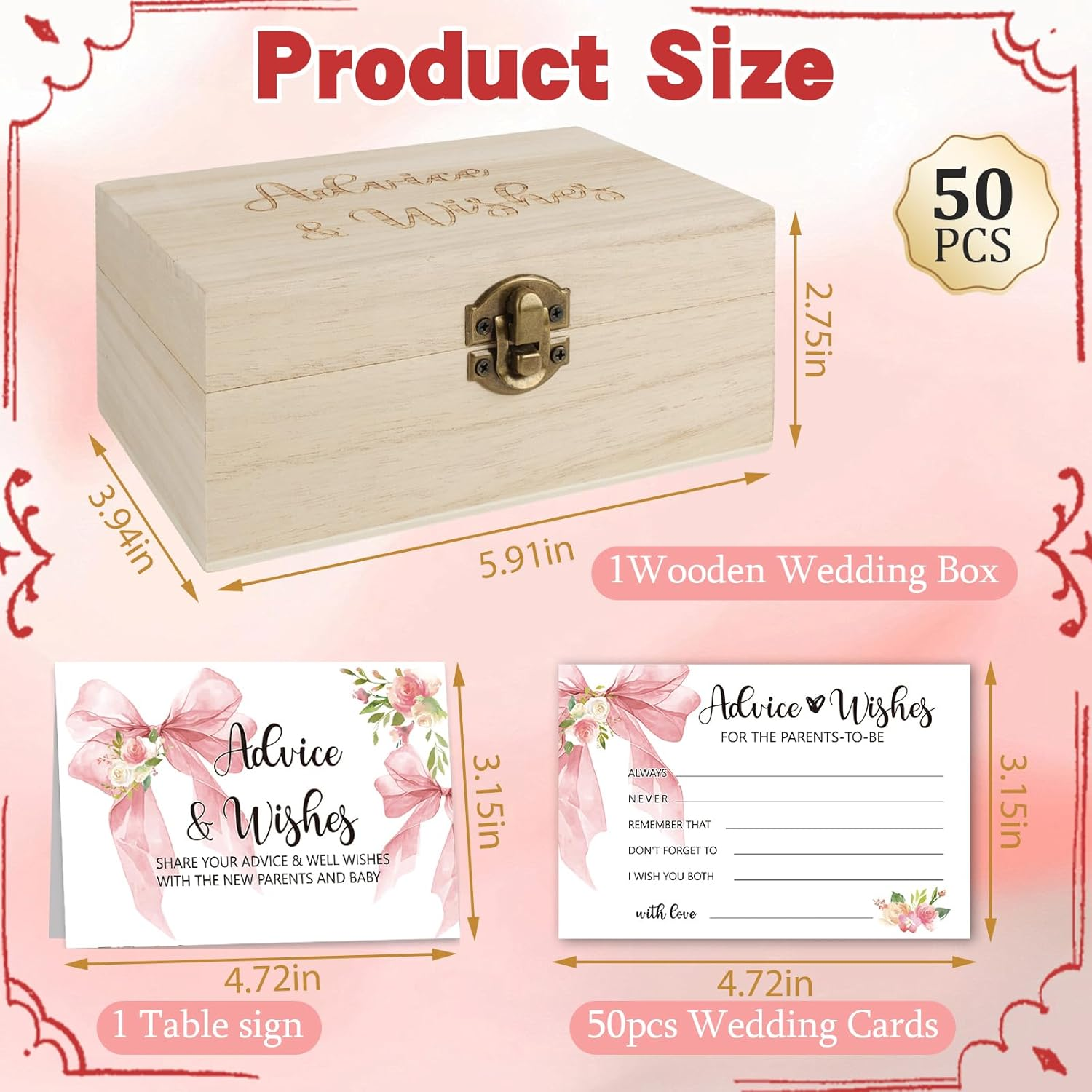 50 Pcs Pink Bow Baby Shower Advice Cards for Parents to Be,Advice and Wishes Cards Box for New Parents,Wishes for Baby Card,Baby Shower Games Decorations Girl image number 6