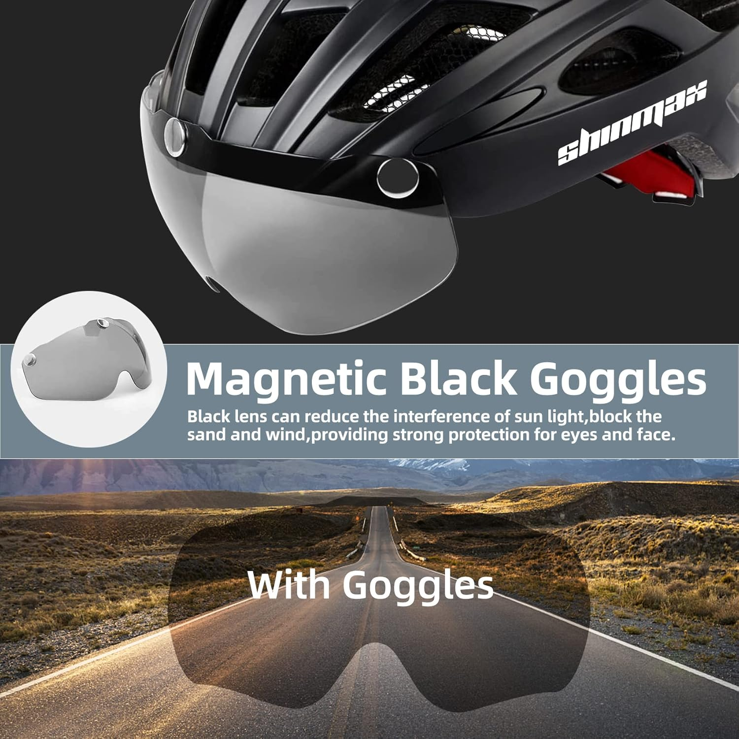 Bike Helmet,Shinmax CPSC/CPC Certificated Bicycle Helmet with Detachable Magnetic Goggles&Led Back Light&Portable Backpack Cycling Helmet Adjustable Mountain Bike Helmet for Adult Men Women SM-T69 image number 2