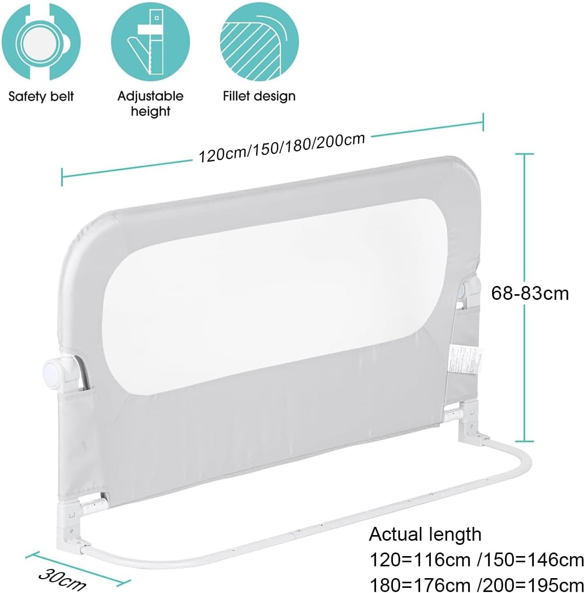 Foldable Bed Rail for Toddlers, 120/150/180/200 Cm Swing down Bed Bumper, 68-83 Cm Height Adjustable Nursery Bed Rails, for Twin, Double, Full, Queen & King Size Mattress (Grey, 150CM) image number 6