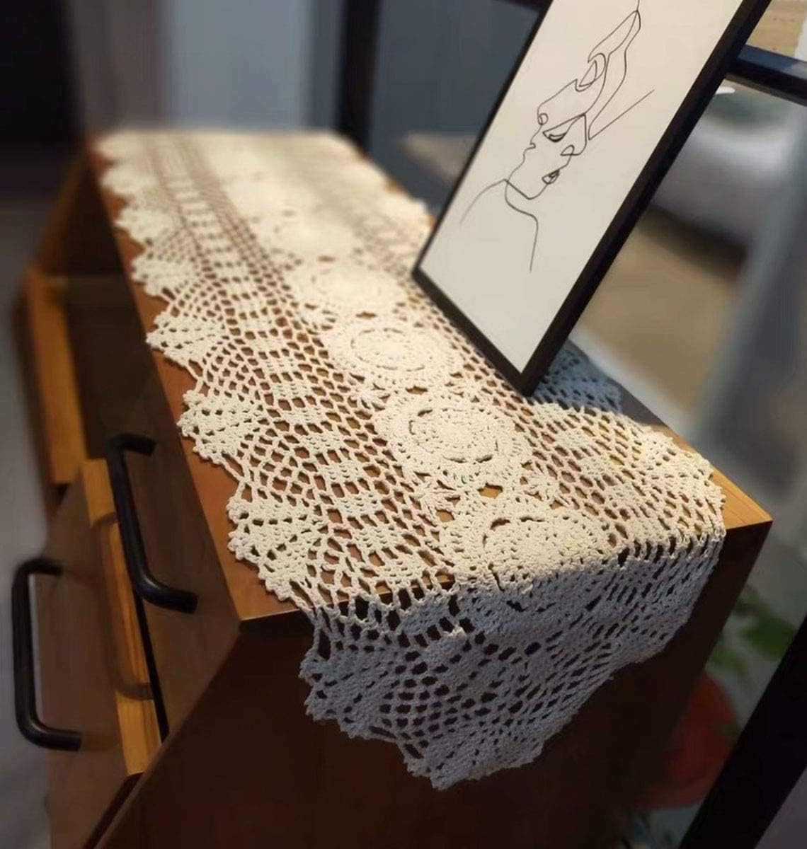 Janef Beige Handmade Crochet Cotton Table Runner Lace Doilies Doily Oval Dresser Scarves,11.8 by 35 Inches.