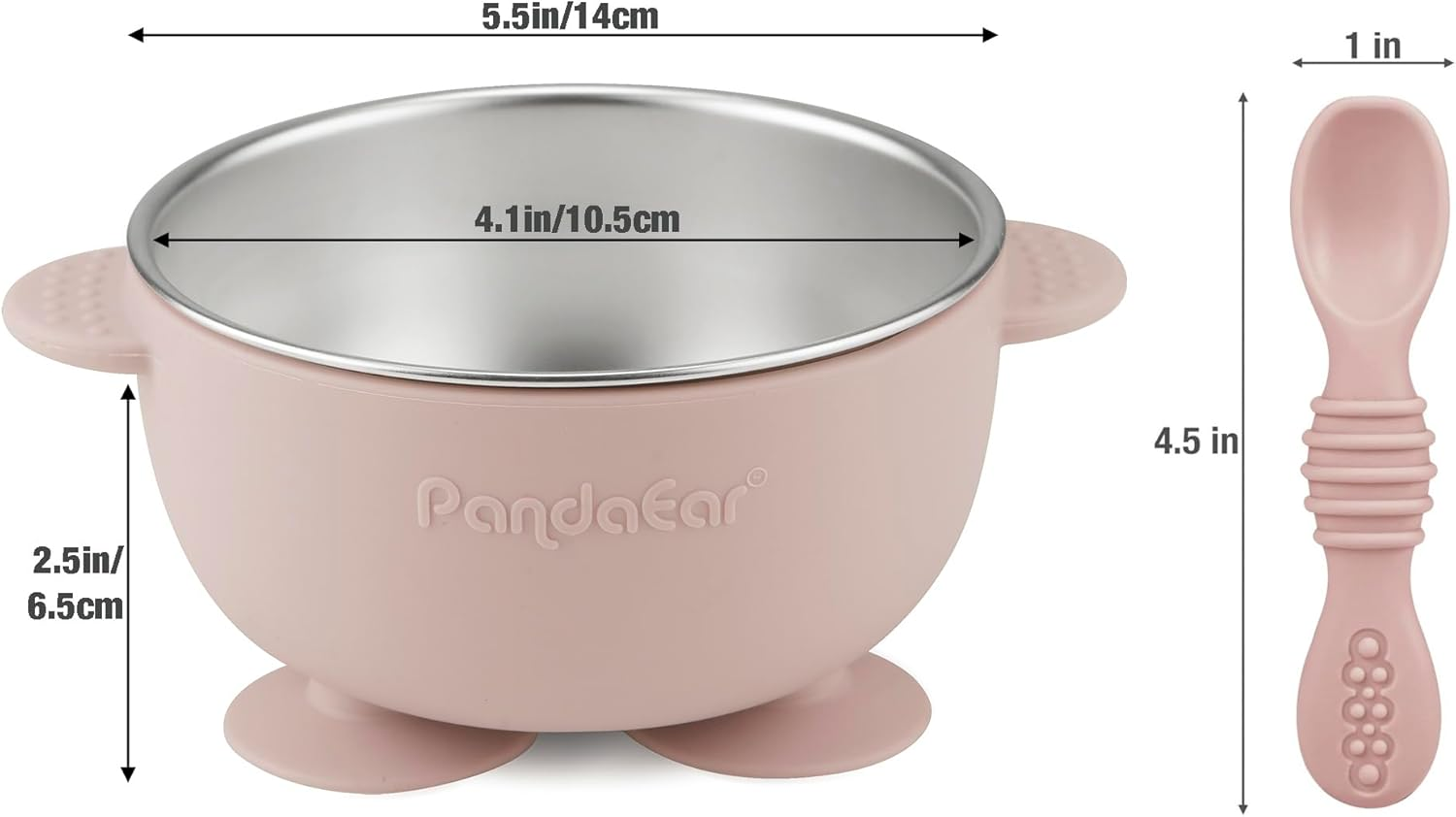 Pandaear 3 Pack Stainless Steel Suction Baby Bowls & 3 Baby Feeding Spoons | Non-Slip Stay Put Bowls & Soft Silicone First Stage Spoons for Toddlers, Bpa-Free Baby Led Weaning Set (Pink Rose Linen) - Pink Rose Linen image number 6