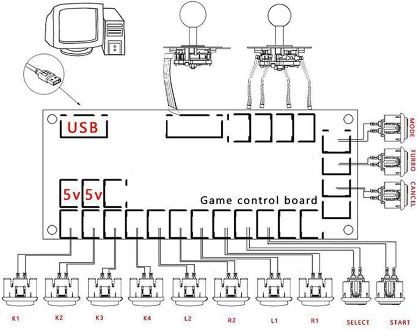 Kit, 2 Player Game DIY USB Board Encoder Joystick Buttons Set, Compatible with Home Console, Fighting Game Console, Friends Gathering (Blue Red) - Blue Red image number 3